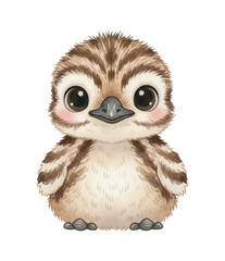 Fototapeta premium Adorable baby bird watercolor illustration with big innocent eyes and striped brown feathers