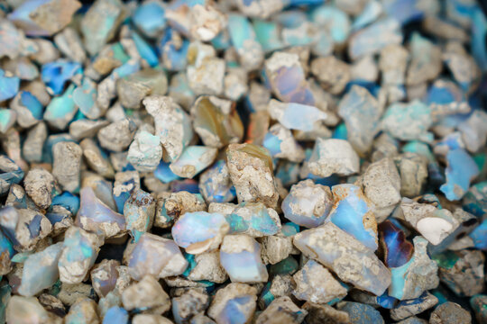 Natural Raw Opal Gemstones With Blue And White Iridescent Flashes In A Close Up Macro Shot