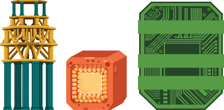 Industrial Electrical Engineering Vector Component Set with Heavy Duty Cable Wire Cross Section Copper Connector Terminal and Circuit Board Illustration