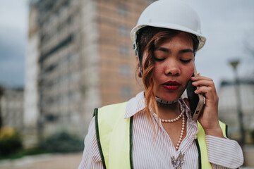 Fototapeta na wymiar A female construction worker wearing a hard hat and high-visibility vest talks on her phone. The worker stands outdoors at a city construction site while making a phone call.