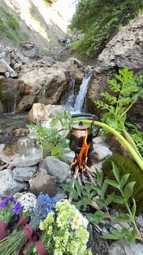 Tranquil Woodland Landscape with Wild Stream and Hot Tea on Wood Fire