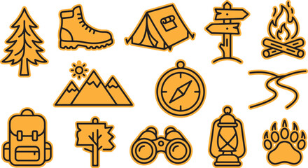 Camping and outdoor adventure line art icon set with adventure outdoors backpack mountain binoculars wilderness equipment exploration vacation signpost activities recreation collection © Star_Pixels11