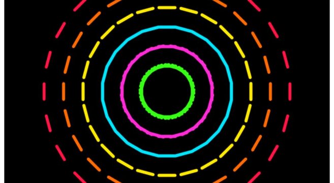 Neon concentric dashed circles pulsing animation on animation black background
