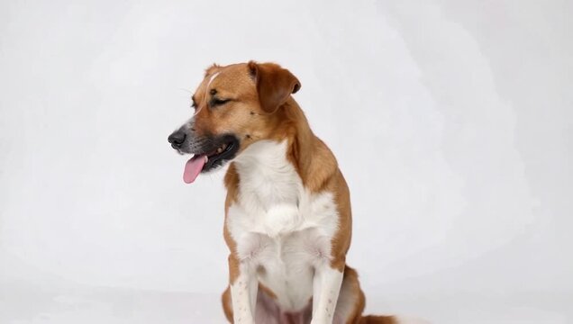 Happy Brown and White Dog Sitting on Plain White Background