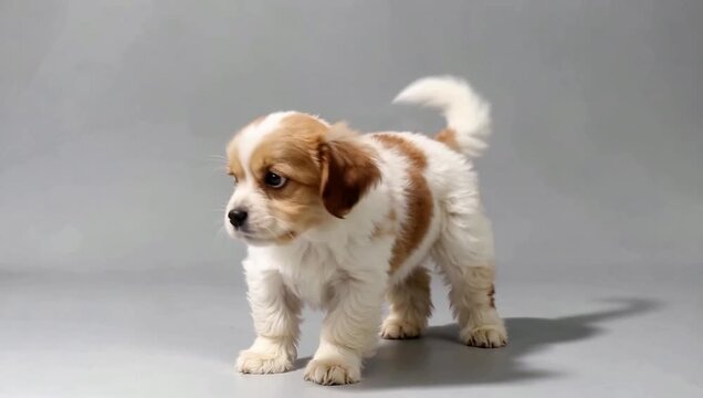 Small Brown and White Puppy Standing in Minimal Studio