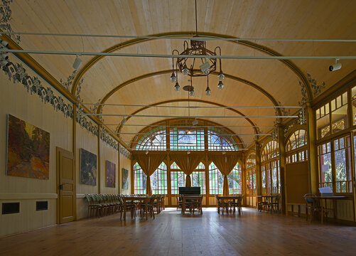 Dance hall in Raci udoli (Crayfish Valley) built in 1906-1907, one of the most beautiful buildings in the Javornik area, Art Nouveau style. Monument in the Rychleby mountain district, Czech Republic