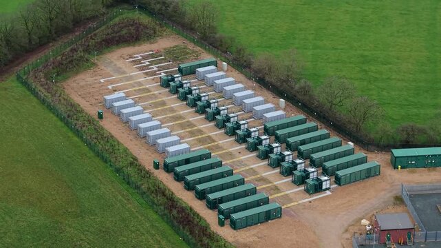 Aerial shot of a clean energy battery storage farm co-located with a major electricity substation in Leicestershire