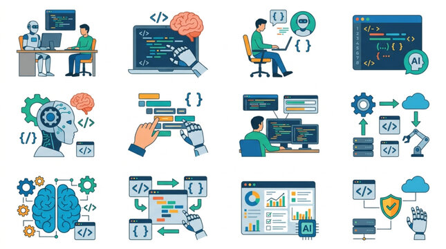 Artificial intelligence and programming concepts illustration set.
