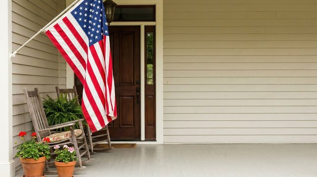 American flag hanging on a front porch with rocking chairs. Classic home entrance with potted plants and white siding. Patriotic residential exterior with copy space