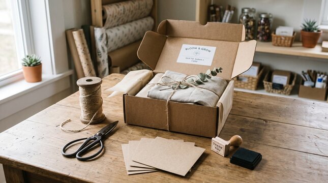 handmade craft package gift box eco friendly sustainable small business artisan unique personalized wrapping paper twine scissors stamp thank you bloom grow seed bomb herb plant