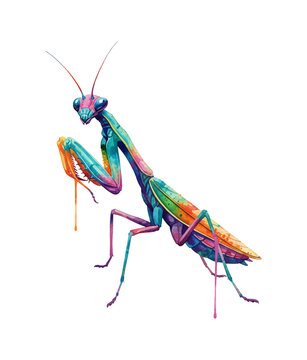 Vibrant Multicolored Praying Mantis Insect Watercolor Illustration Isolated on a White Background