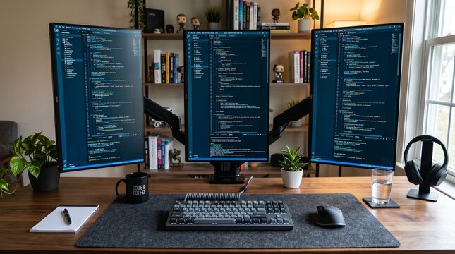 programmer desk multiple monitors coding setup developer workspace home office productivity station coding environment tech workspace computer setup programmers desk dual monitor