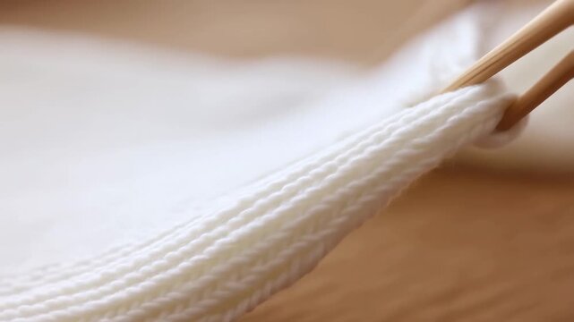 Closeup of hands knitting with needles showcasing smooth yarn motion and textile texture