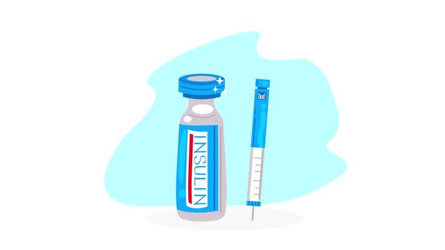 Insulin bottle animation with a syringe injection pen representing diabetes treatment and healthcare management.