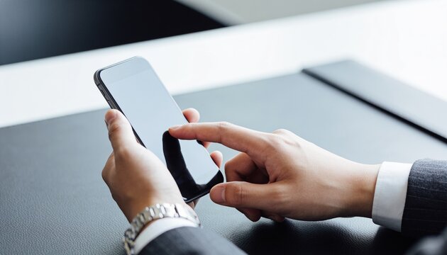 Close-up of a businessman's hands using a smartphone while sitting at a desk in a bright office, representing mobile technology, digital communication, and professional connectivity.