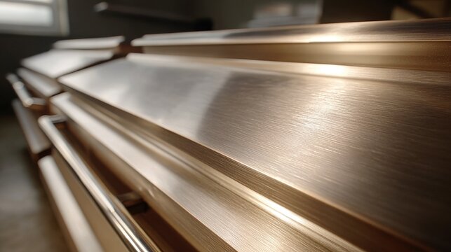 Close up of metallic caskets in a funeral agency showroom. Bronze and gold coffins lined up for selection. Burial service industry concept