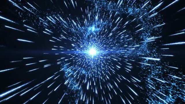 A bright blue light streaks through a dark cosmic void space