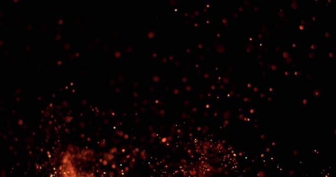 Ultra slow motion floating embers and glowing sparks on black background captured at 1000 FPS. Atmospheric fire particles drifting through darkness, ideal for cinematic overlays.