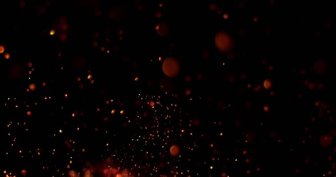 Ultra slow motion floating embers and glowing sparks on black background captured at 1000 FPS. Atmospheric fire particles drifting through darkness, ideal for cinematic overlays.