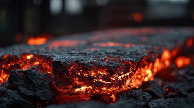 Detailed study of burning metal surface with vein patterns and fractures. Analysis of cooled molten metal with fiery veins and textured fractured surface for creative industrial imaging