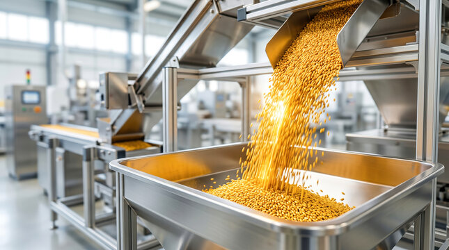 Workers operate machines to process corn kernels in a factory. Golden kernels flow from a conveyor into large metal bins. The factory is busy and filled with equipment