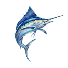 Obraz premium Dynamic blue marlin fish with distinctive long bill and vibrant fins swimming in the ocean watercolor illustration