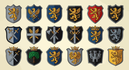 Medieval Heraldic Shields Collection: Lions, Griffins, Swords, Axes & Castle Icons © yuhdi