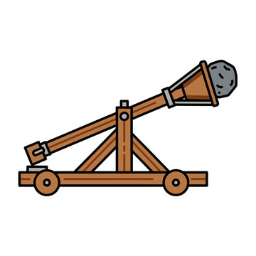 Medieval Catapult with Stone Projectile, Vector Illustration