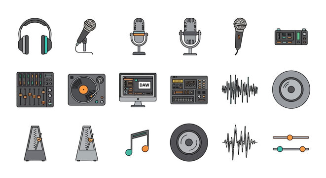 Music Production Icons: Dj Turntable, Mixer, Microphone, Headphones, Sound Wave