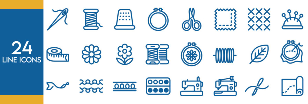 Collection of 24 blue line icons for sewing and embroidery