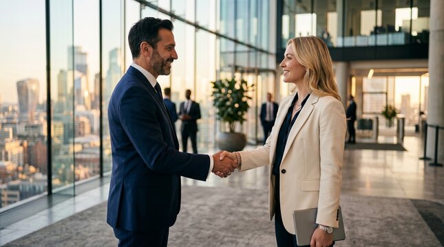 Business handshake between two executives in modern office lobby with city skyline view