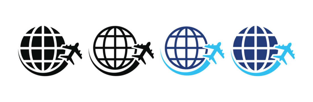 Global travel vector icon set. airplane circling the earth. Globe plane icons. airplane fly around the earth. travel transportation. 