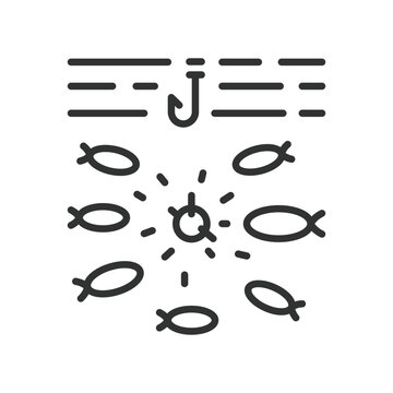 Fish feeding, icon in line design. fish, feeding, bait, fishing, water, school, hook on white background vector. Fish feeding editable stroke icon
