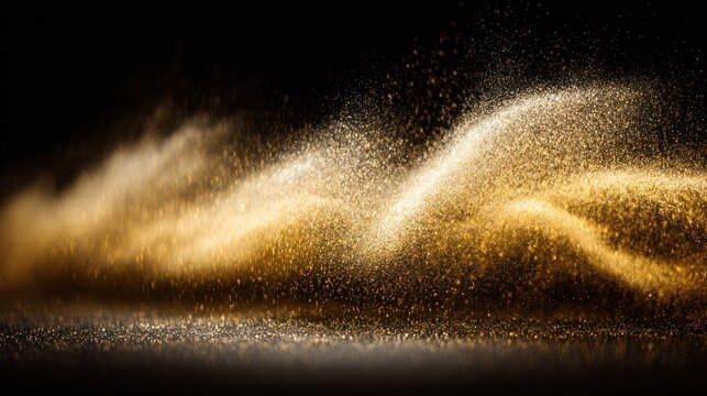 Glowing golden particulate matter flows dynamically across a dark background surface