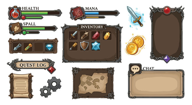 Fantasy RPG game UI kit, medieval user interface elements with health bars and inventory, dark stone and wood game assets vector set