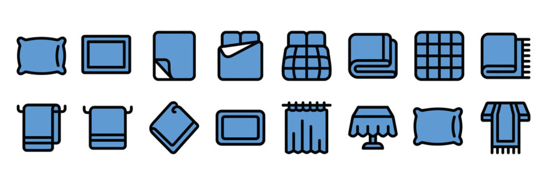 Collection of blue towel and bedding icons in various styles and folds