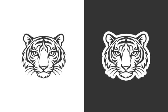A graphic illustration of a tigers head in black and white