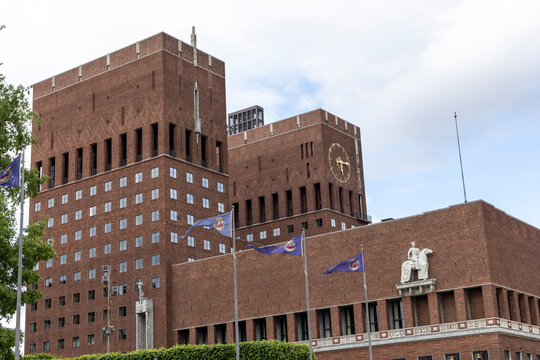 Oslo, Norway: June 6, 2026 - Oslo City Hall - It is a&nbsp;municipal&nbsp;building in&nbsp;Oslo, the capital of&nbsp;Norway.&nbsp;It was designed by architects&nbsp;Arnstein Arneberg&nbsp;and&nbsp;Magnus Poulss
