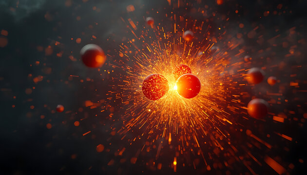 Abstract atomic fusion and energy explosion representing advanced medical nanorobot technology and microscopic molecular interactions in a dark space