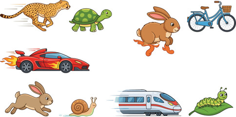 Fast and Slow Animals and Vehicles Speed Concept Cartoon Vector Illustration Set Isolated