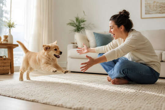 A woman sitting on the floor with open arms, smiling as her golden retriever dog runs towards her. Happy pet and owner interaction.