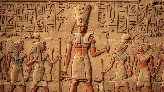 A detailed ancient Egyptian relief depicting a pharaoh surrounded by followers, showcasing intricate hieroglyphs and traditional attire.