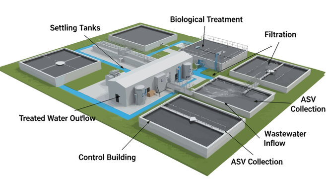 Wastewater treatment plant diagram with labeled components.