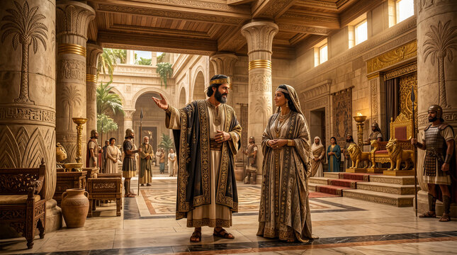 King Solomon is proudly showing the interior of his royal palace to the Queen of Sheba.
