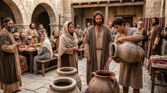 Jesus turns water into wine.