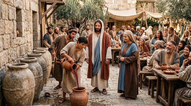Jesus turns water into wine.
