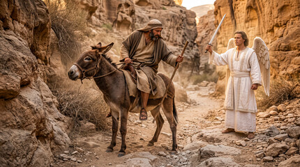 Obraz premium Balaam is riding a donkey, Bible story.