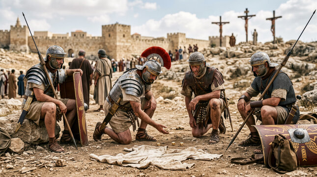 Biblical scene of Roman soldiers casting lots for Christ&rsquo;s garments.