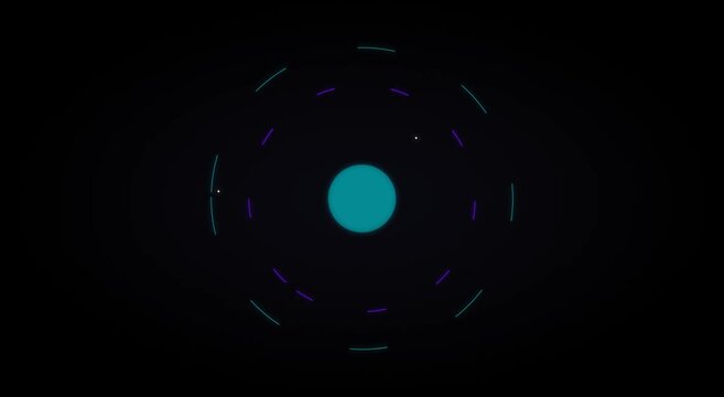 Abstract digital atom model with rotating orbital rings and glowing particles animation