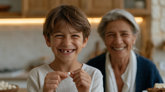 Six year old presents gap-toothed grin to grandmother who holds small tooth pinched between fingers both giggling in warm kitchen lighting first lost tooth celebration milestone